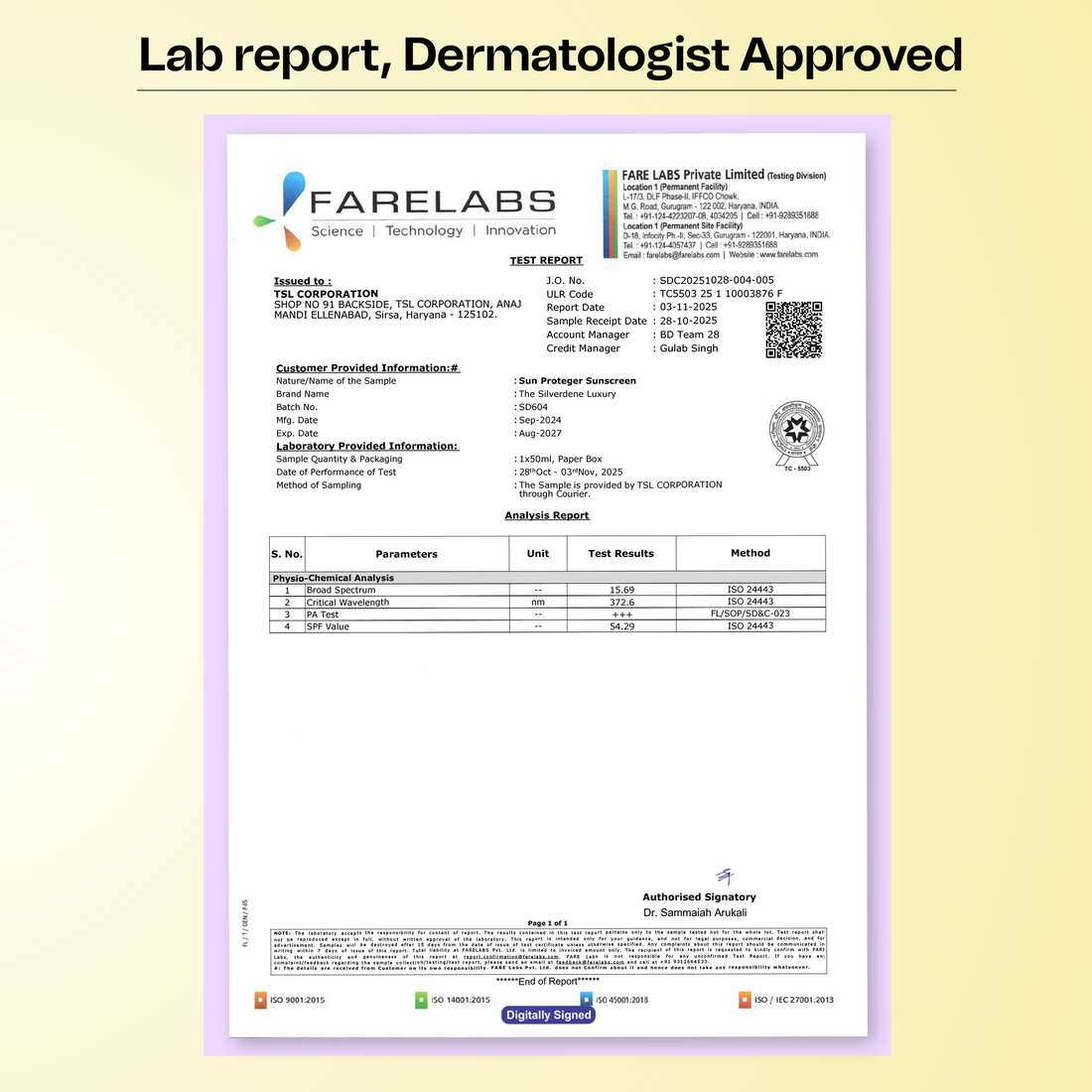 SPF 50+ sunscreen lab test report showing broad-spectrum sun protection and PA+++ rating.