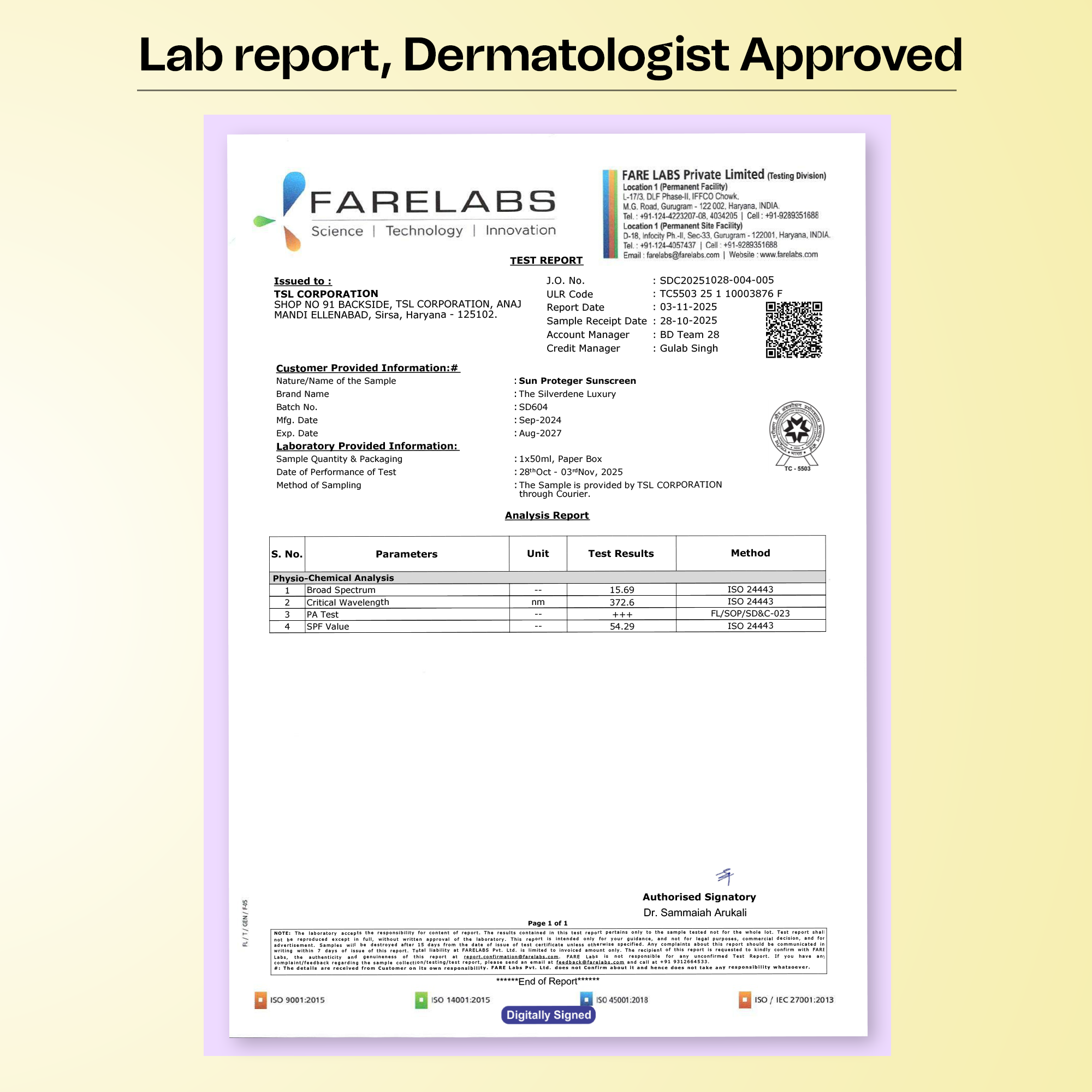 SPF 50+ sunscreen lab test report showing broad-spectrum sun protection and PA+++ rating.