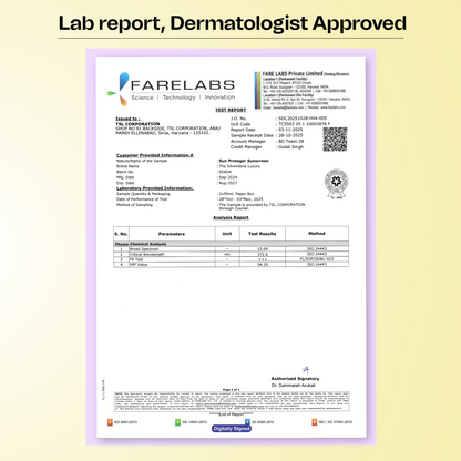SPF 50+ sunscreen lab test report showing broad-spectrum sun protection and PA+++ rating.