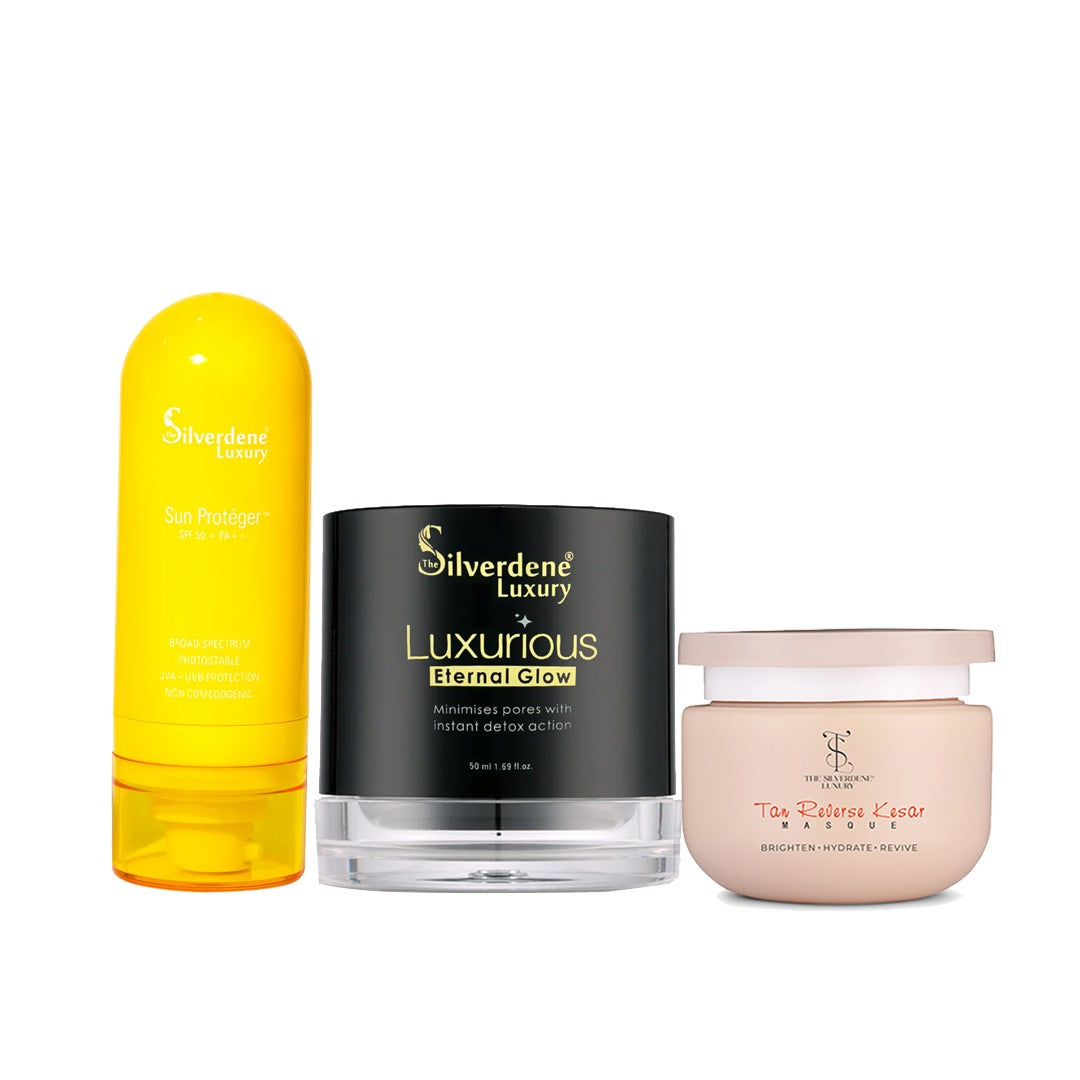 Luxurious Eternal Glow Exfoliating Scrub + Tan Reversal Kesar Masque + Sun Proteger